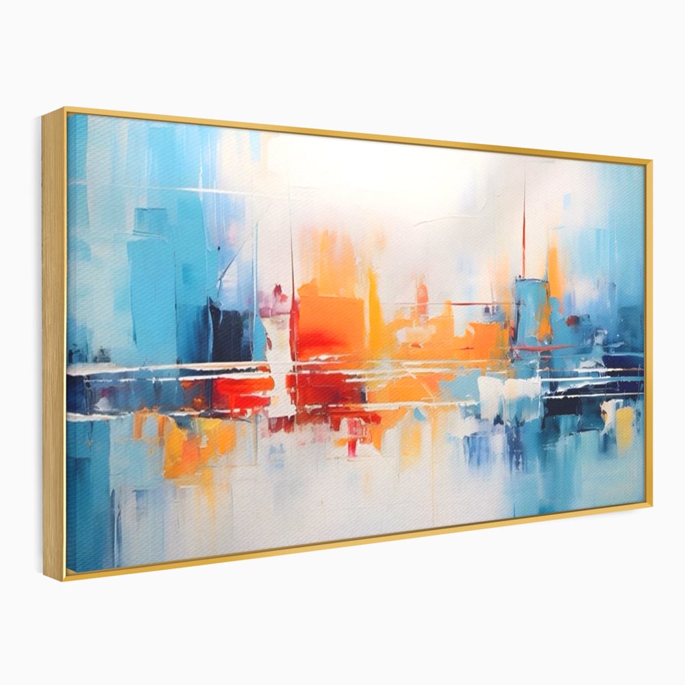 Tablou canvas cu pictura abstracta cu peisaj urban, in rama de aluminiu auriu
